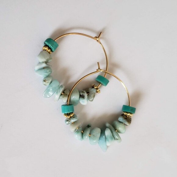 Natural LARIMAR & TURQUOISE 14k Gold Filled Hoop Earring Rustic Raw Artisan made - Picture 7 of 7